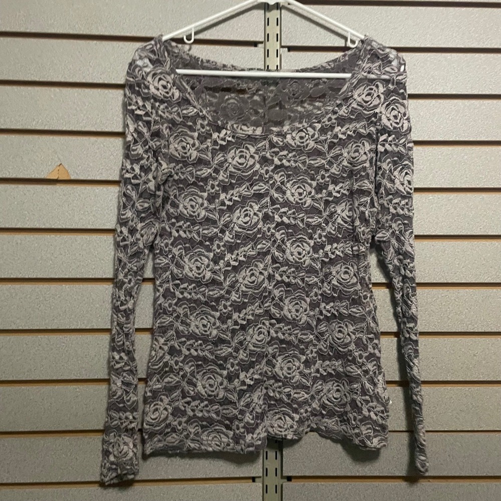 Maurices Womens Purple Floral Lace Long Sleeve Scoop Neck Top Large Rose Sheer